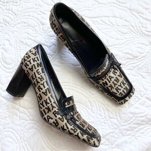 VTG 90s Sonia Rykiel Logo Print Chunky Square Toe Loafer Heel Pumps EU 36/6-6.5